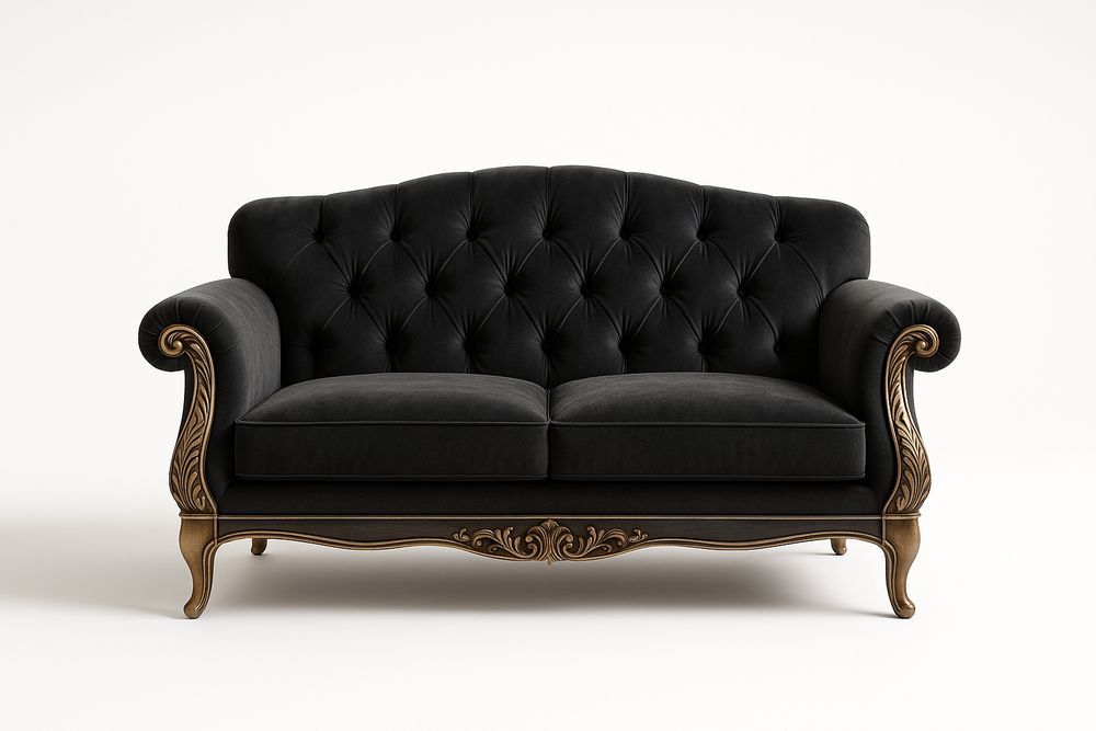 Canapé 2 Places Velours Noir Bois Sculpté-Jardinanila