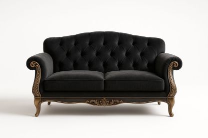 Canapé 2 Places Velours Noir Bois Sculpté-Jardinanila