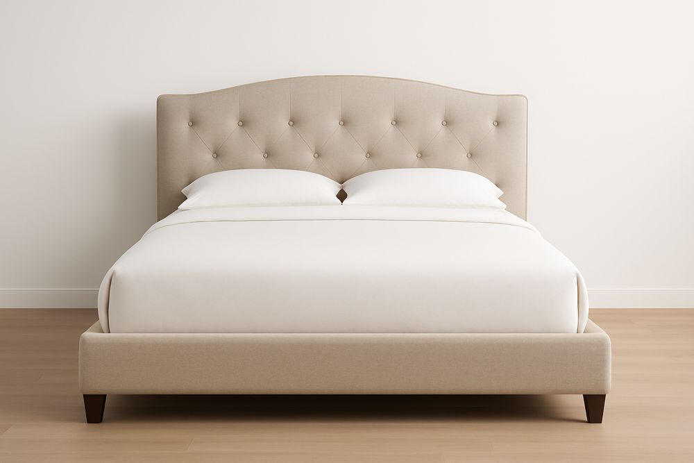 Lit Double en Tissu Beige avec Pieds en Bois-Jardinanila