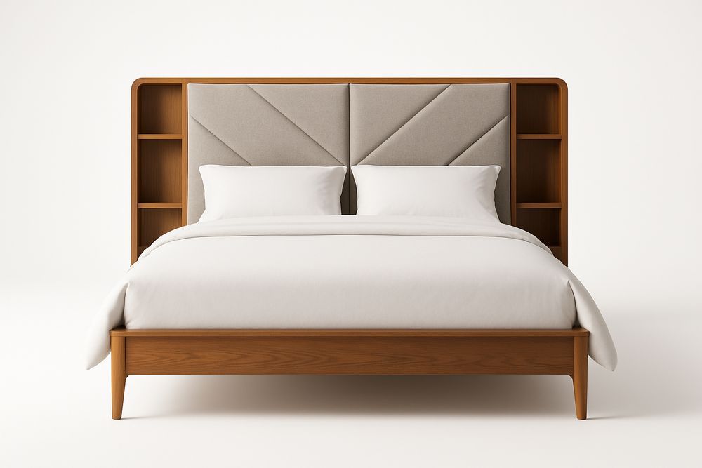 Lit double en bois avec tête de lit rembourrée et étagères 200 x 160 cm Beige/Noyer-Jardinanila