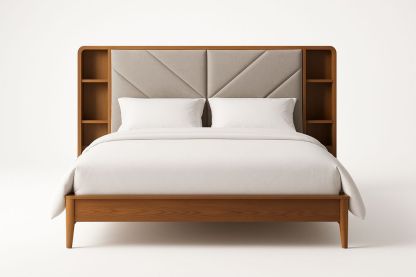 Lit double en bois avec tête de lit rembourrée et étagères 200 x 160 cm Beige/Noyer-Jardinanila