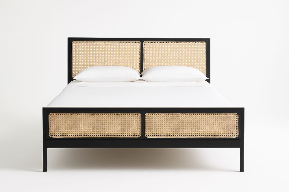 Lit en bois noir et rotin 140x200 cm-Jardinanila