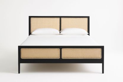 Lit en bois noir et rotin 140x200 cm-Jardinanila