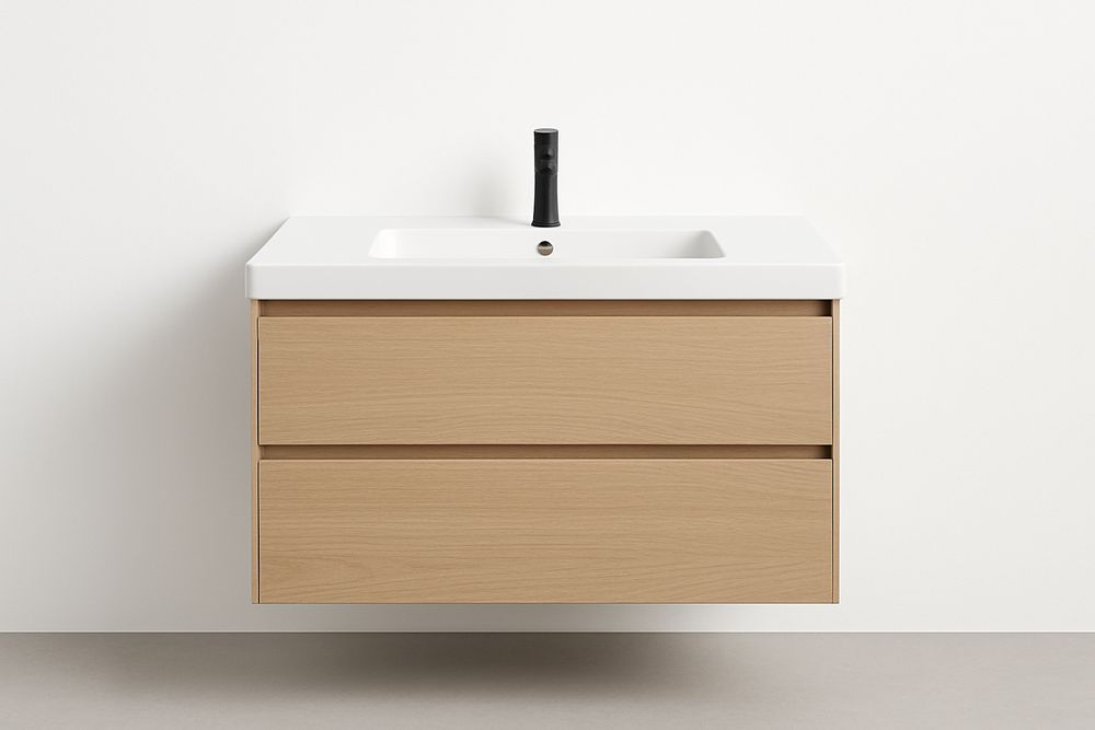 Lavabo mural en mélamine chêne clair avec vasque céramique blanche-Jardinanila