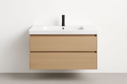 Lavabo mural en mélamine chêne clair avec vasque céramique blanche-Jardinanila