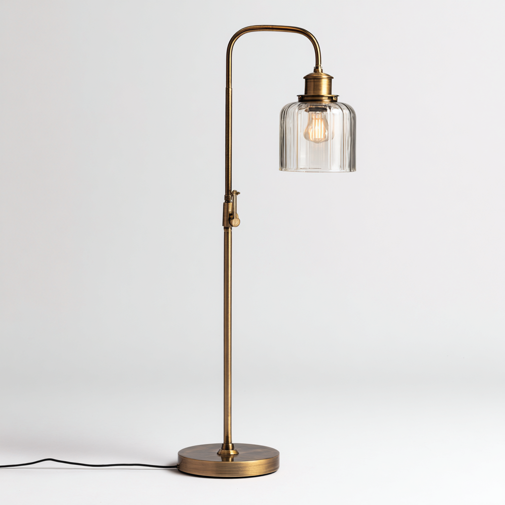 Lampada da terra - metallo e vetro - 28x28x145 cm - ottone e trasparente - stile industrial vintage-Sereneete