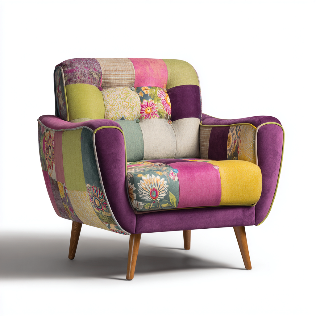 Poltrona patchwork in tessuto 100x90x85 cm - multicolore - per soggiorno - design creativo con gambe in legno-Sereneete