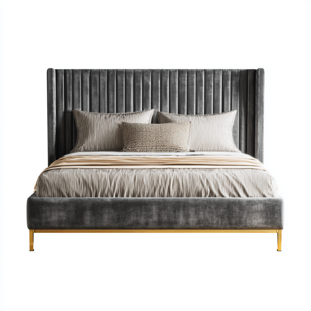 Letto matrimoniale in velluto grigio con gambe dorate 200x160x115 cm - design moderno ed elegante per camera da letto-Sereneete