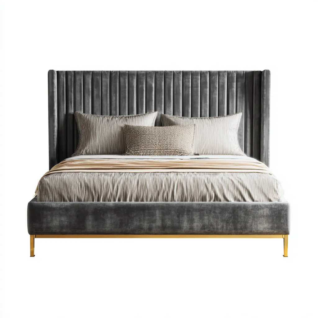 Letto matrimoniale in velluto grigio con gambe dorate 200x160x115 cm - design moderno ed elegante per camera da letto-Sereneete
