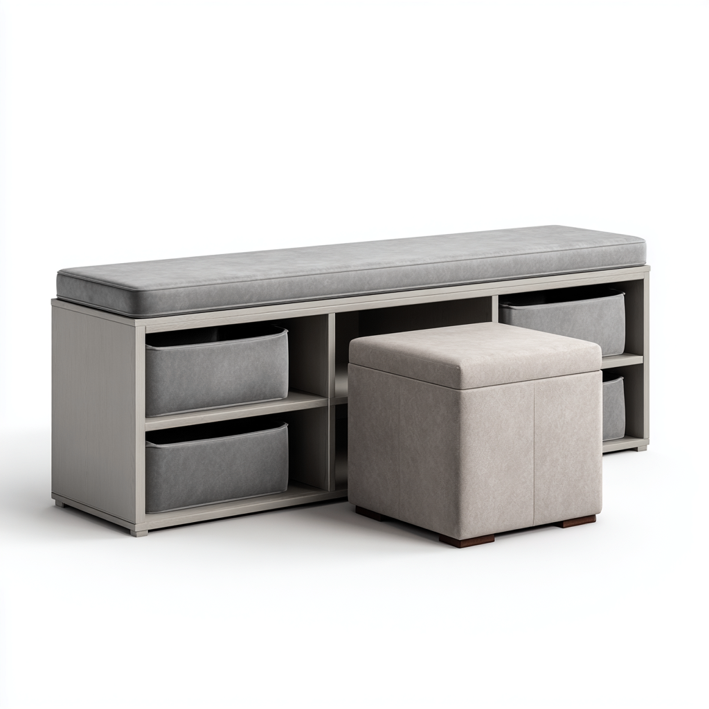 Scarpiera legno e tessuto 100x35x45 cm - grigio chiaro - design moderno con seduta e contenitori-Sereneete