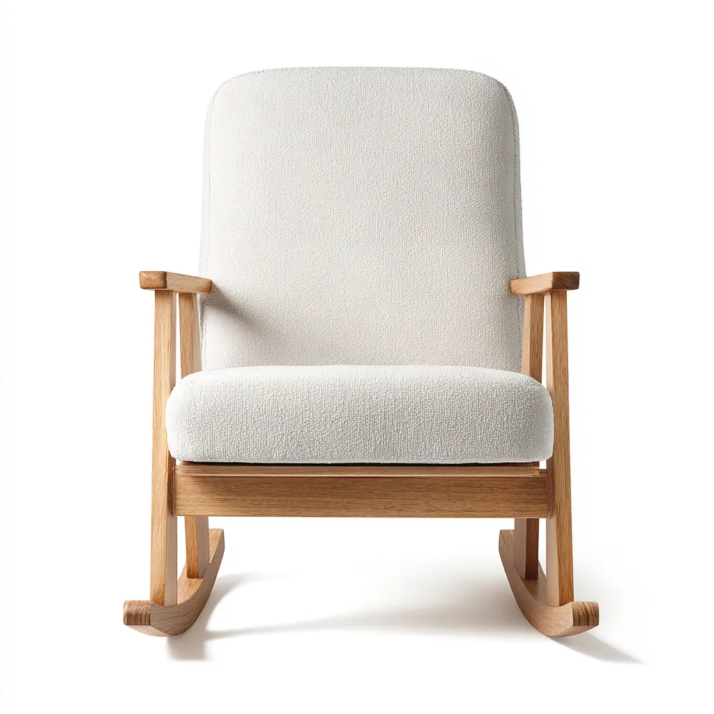 Sedia a dondolo 88x80x100 cm - tessuto bouclé bianco e struttura in legno massello naturale - design minimalista e accogliente-Sereneete