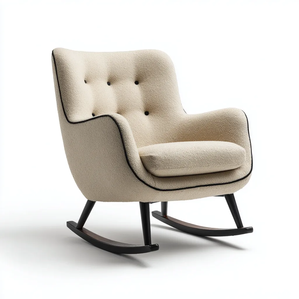 Sedia a dondolo in tessuto bouclé e legno 90x85x95 cm - beige - per soggiorno - design moderno con bordi a contrasto-Sereneete