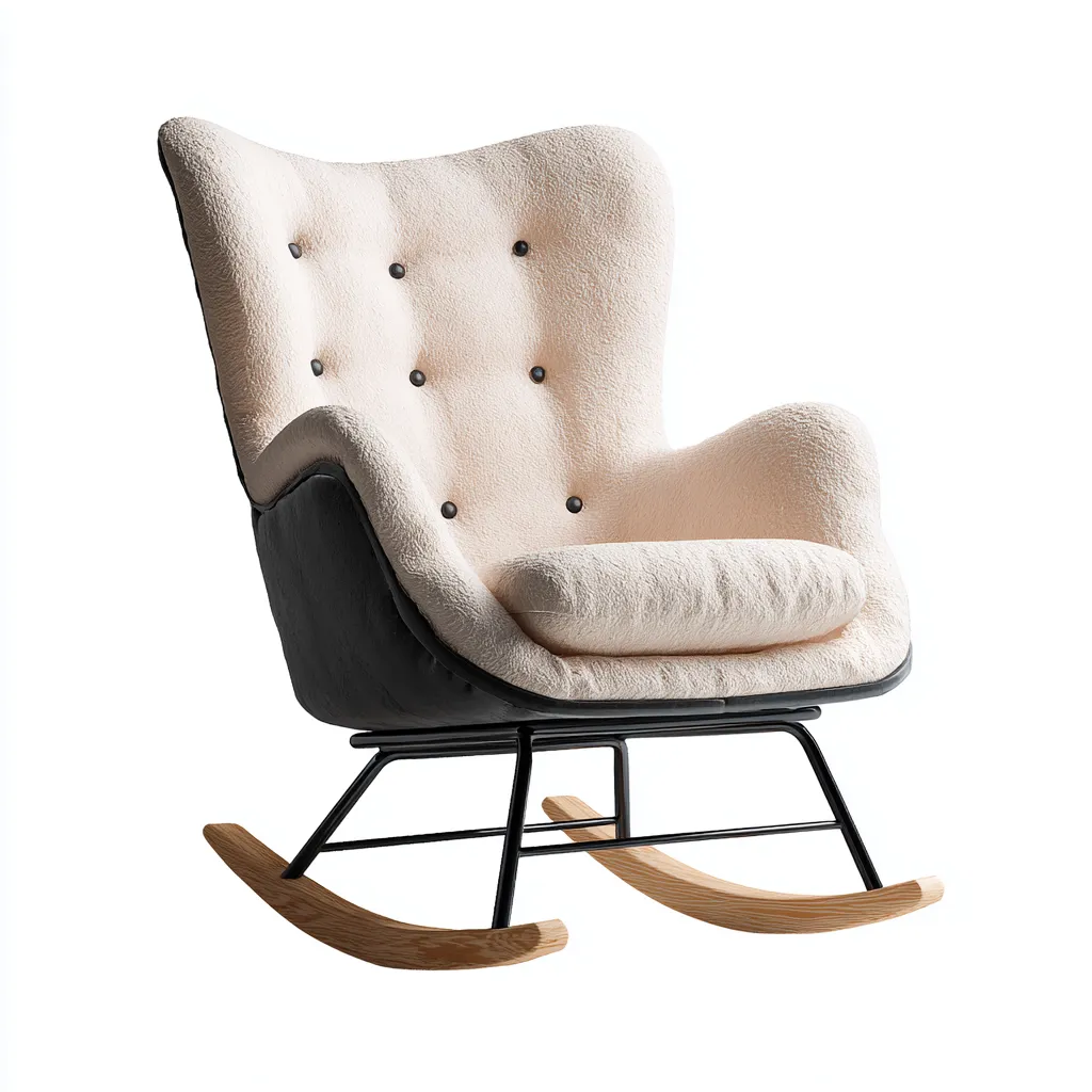 Sedia a dondolo 90x84x102 cm - tessuto bouclé beige e base in metallo nero - piedini in legno curvato - design moderno innovativo-Sereneete