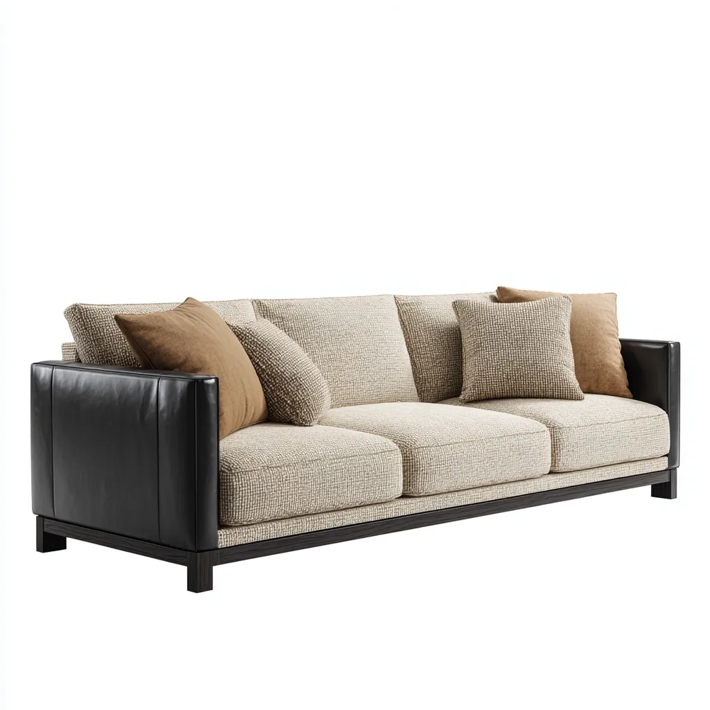 Divano lineare in tessuto e pelle 220x95x85 cm - beige-nero - per soggiorno - design moderno con struttura in legno-Sereneete