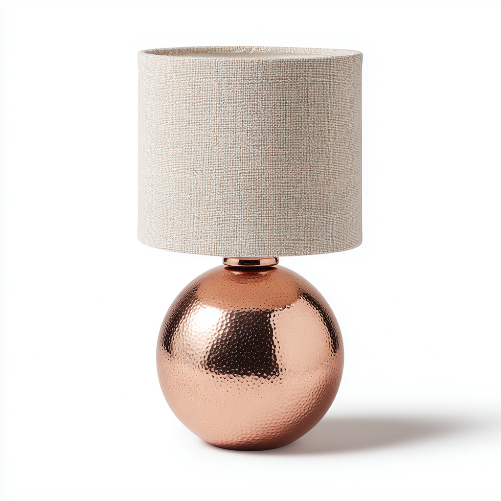 Lampada da tavolo con base in metallo martellato 22x22x38 cm - finitura rame e paralume in tessuto beige - stile moderno ed elegante-Sereneete