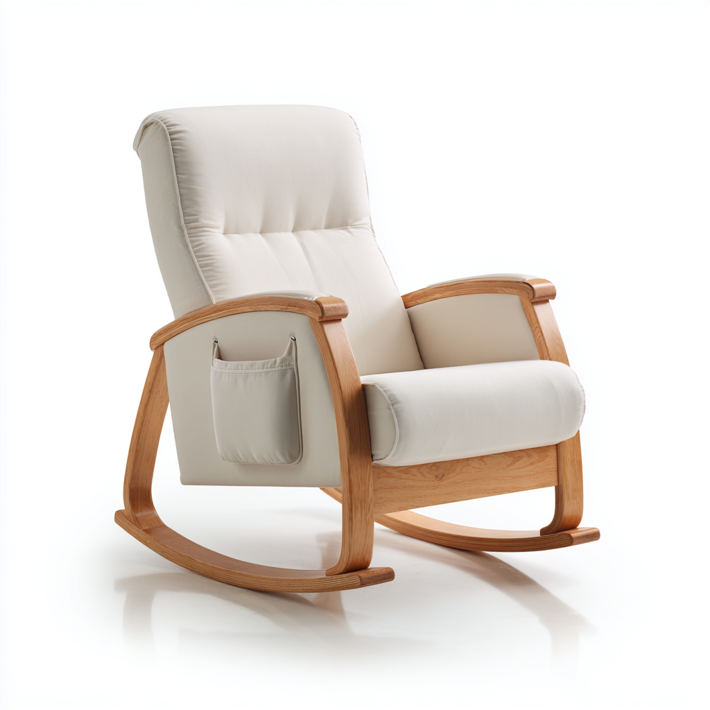 Sedia a dondolo in legno e tessuto 85x75x95 cm - beige - design ergonomico con tasca laterale-Sereneete