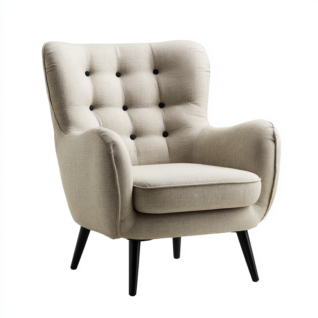 Poltrona in tessuto e legno 75x70x90 cm - beige - design scandinavo con bottoni decorativi-Sereneete