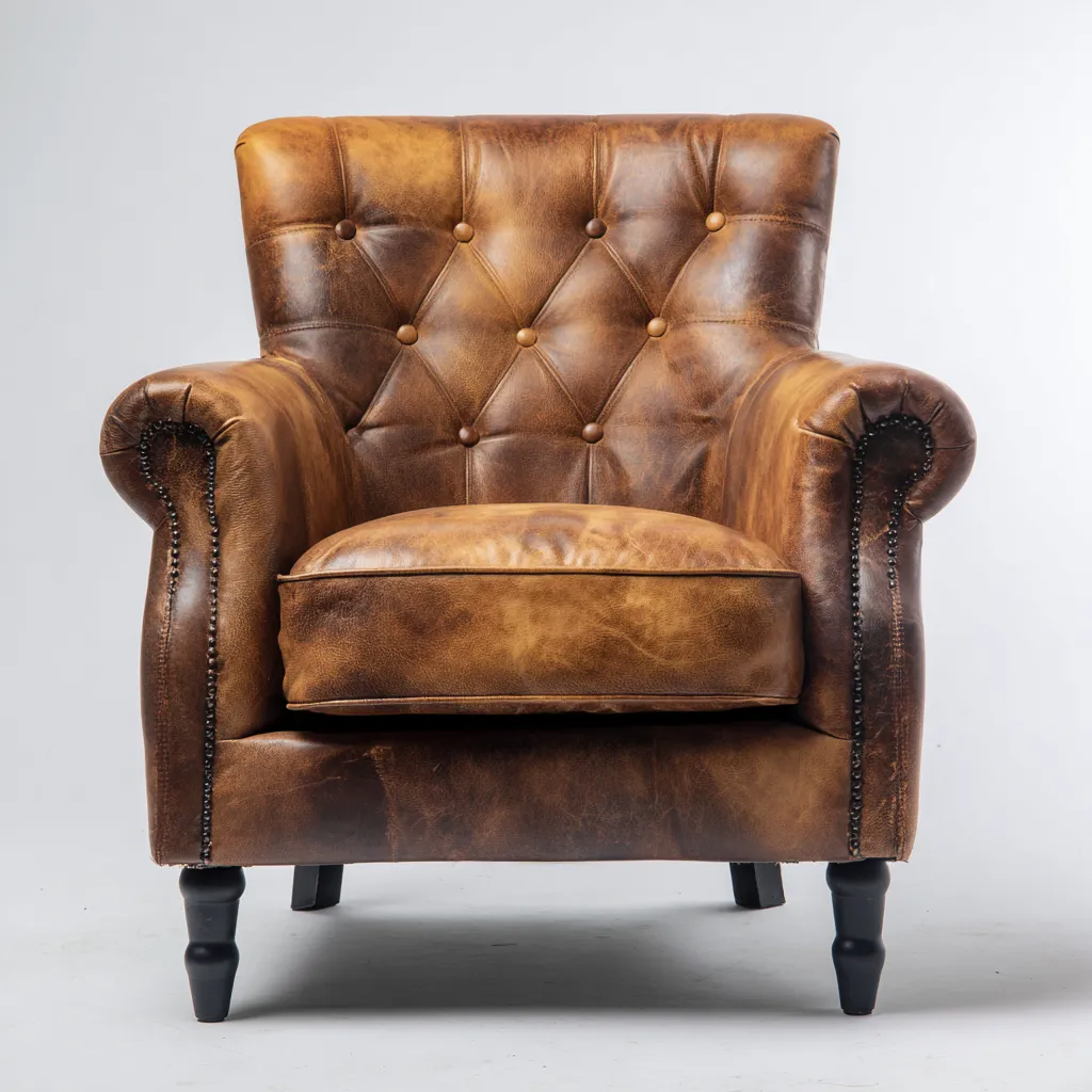 Poltrona 90x85x95 cm - pelle marrone vintage - gambe in legno - design classico Chesterfield-Sereneete