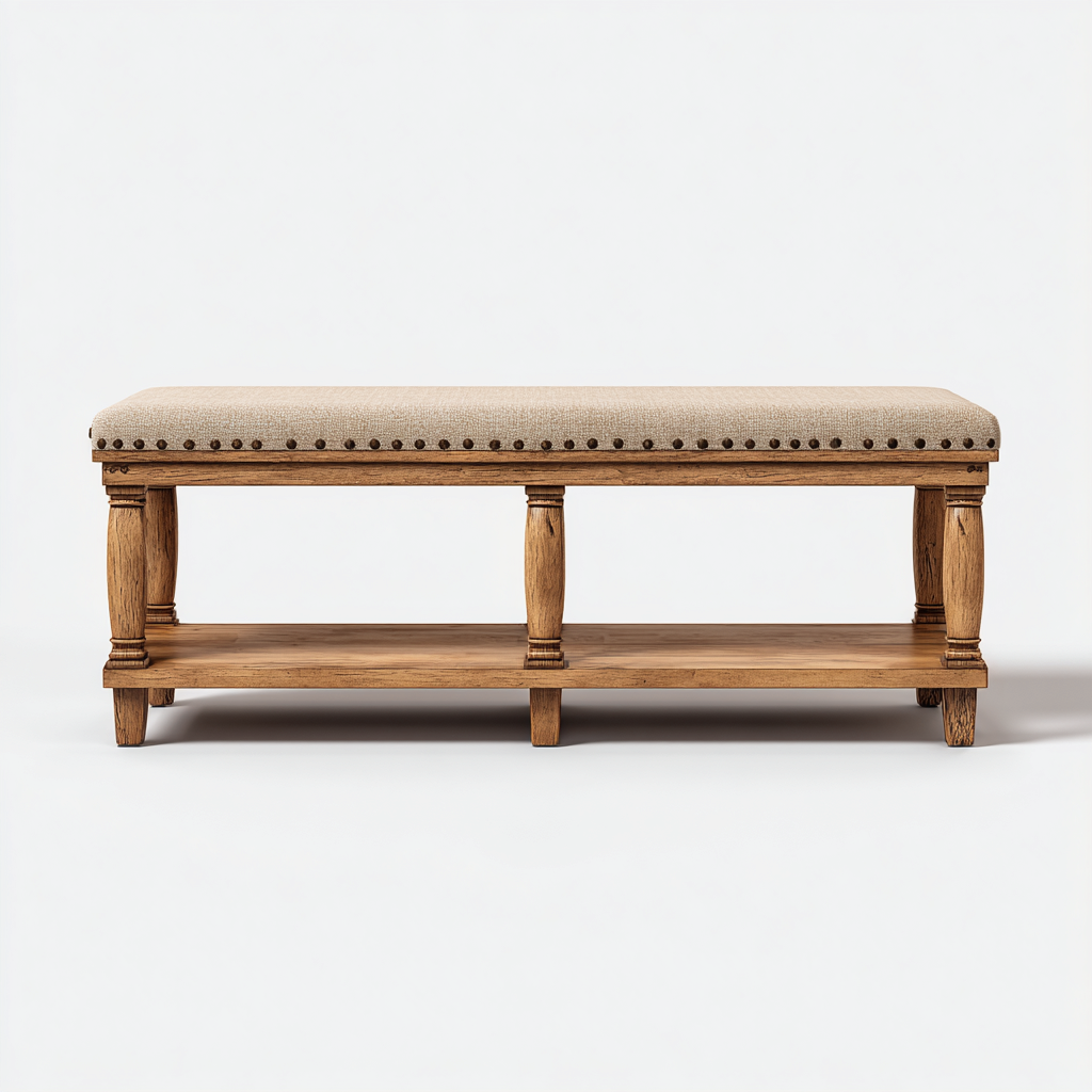 Scarpiera - legno e tessuto 90x35x50 cm - rovere naturale-beige - stile classico con seduta imbottita-Sereneete