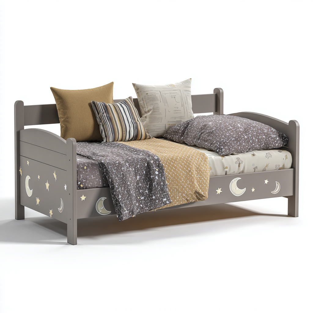 Letto singolo per bambini in legno grigio 200x90x90 cm - design con motivi luna e stelle per cameretta-Sereneete