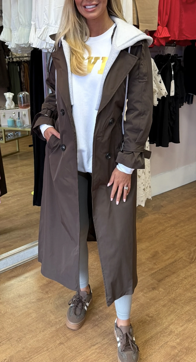 Women's Hooded Lapel Fake Two-piece Casual Long Trench Coat