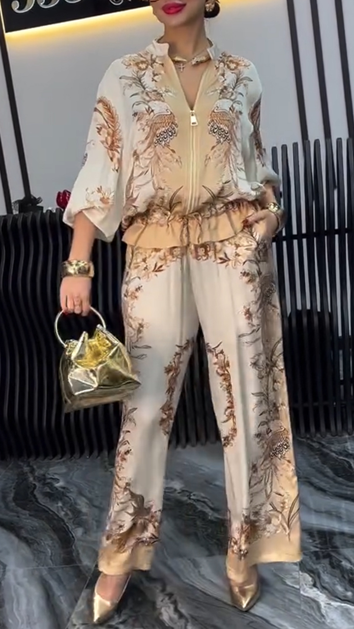 Women's Satin Zipper Printed Casual Suit