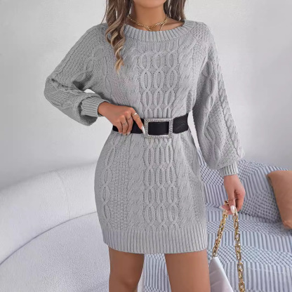 （ In stock）Women Round Neck Solid Color Lantern Sleeve Straight Sweater Dress