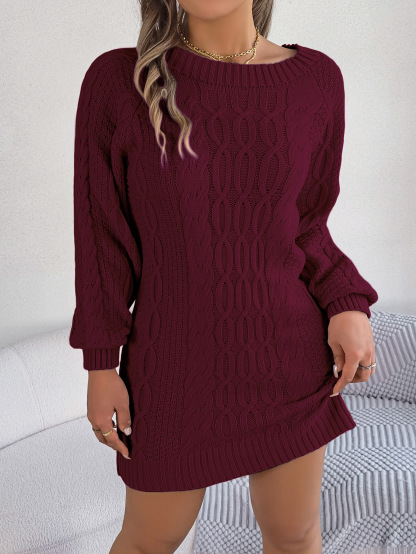 （ In stock）Women Round Neck Solid Color Lantern Sleeve Straight Sweater Dress