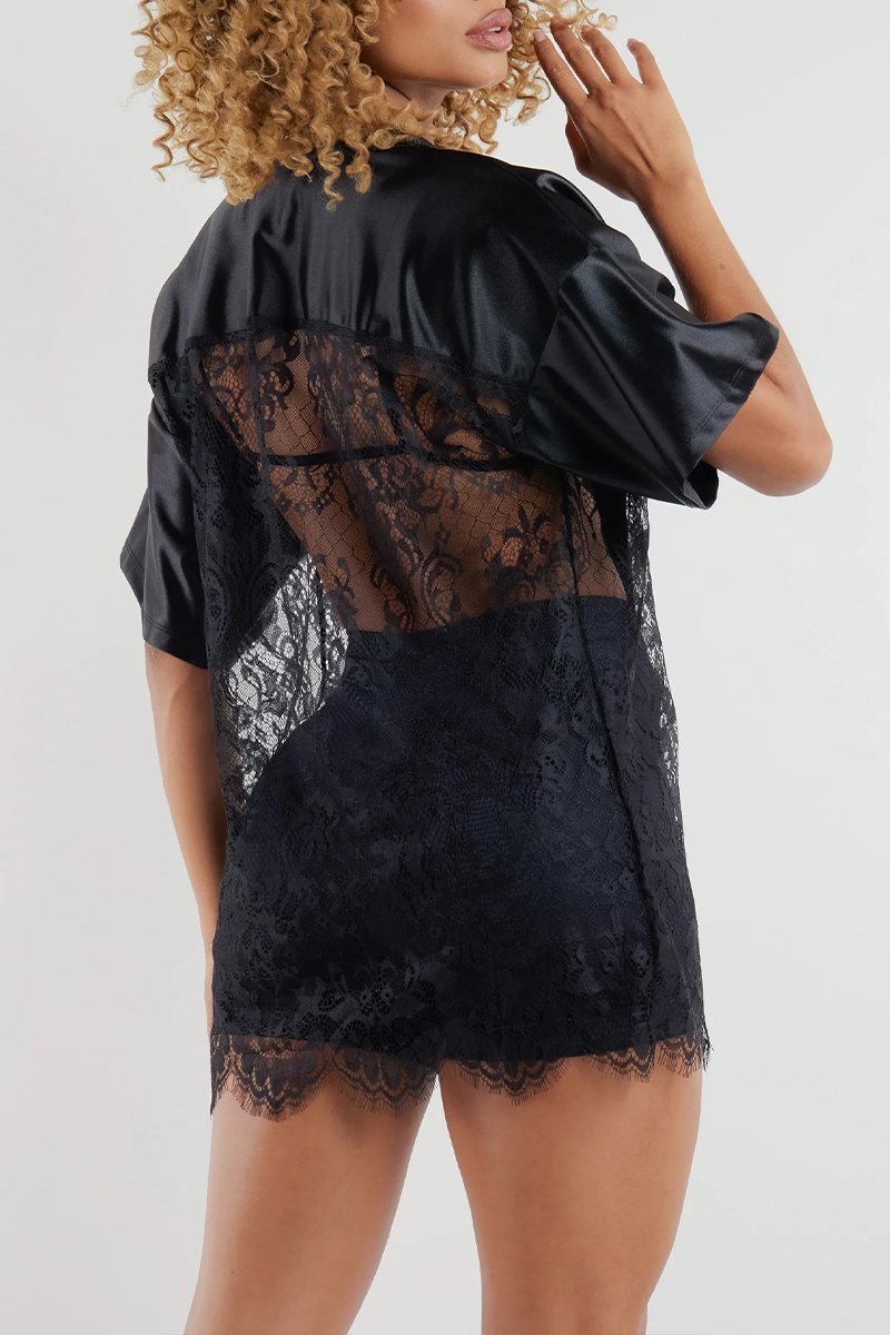 Women V-neck Splicing Printed Hollow Casual Top