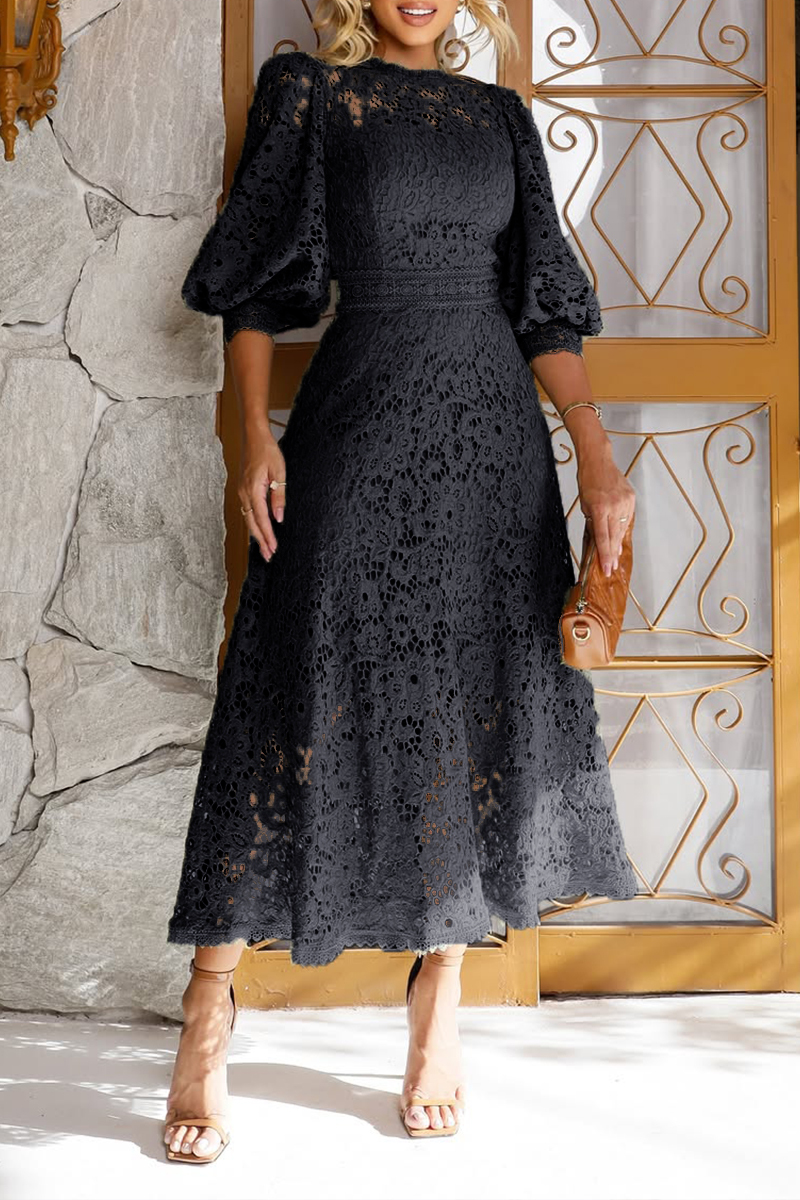 Women's Round Neck Lantern Sleeve Lace Hollow Dress
