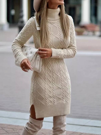 （ In stock）Women Turtleneck Sweater Solid Color Slit Knitted Sweater Dress