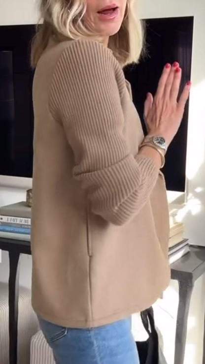 Women's Lapel Button Knitted Patchwork Sleeve Casual Coat