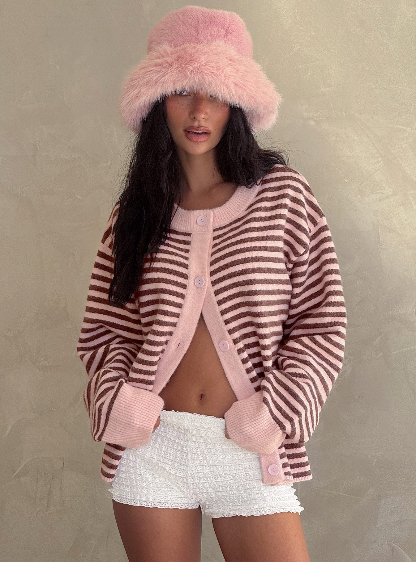 Darnelle Button Up Knit Cardigan Pink Stripe-Vipp Girl