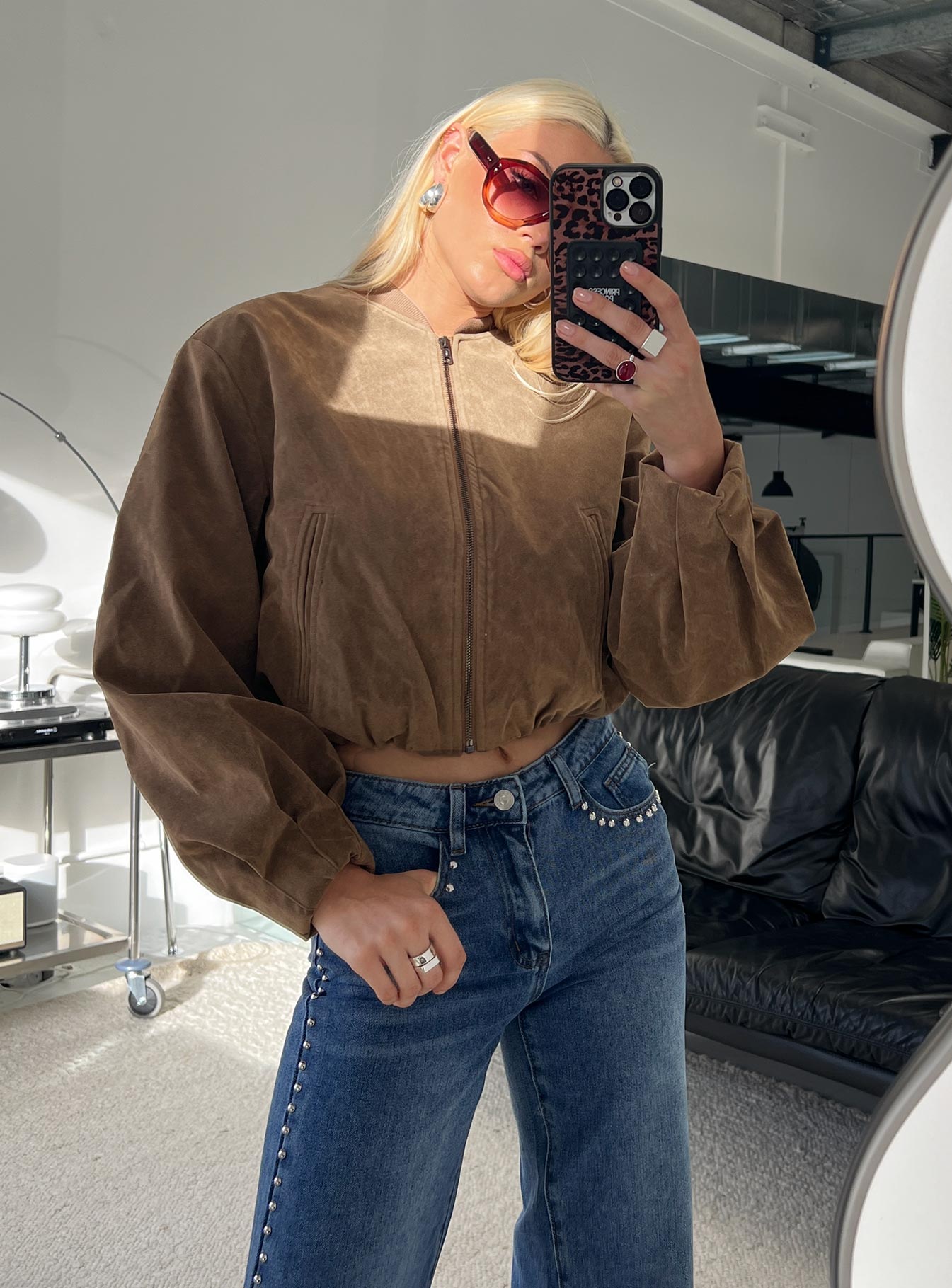 Mastery Faux Suede Bomber Jacket Brown-Vipp Girl