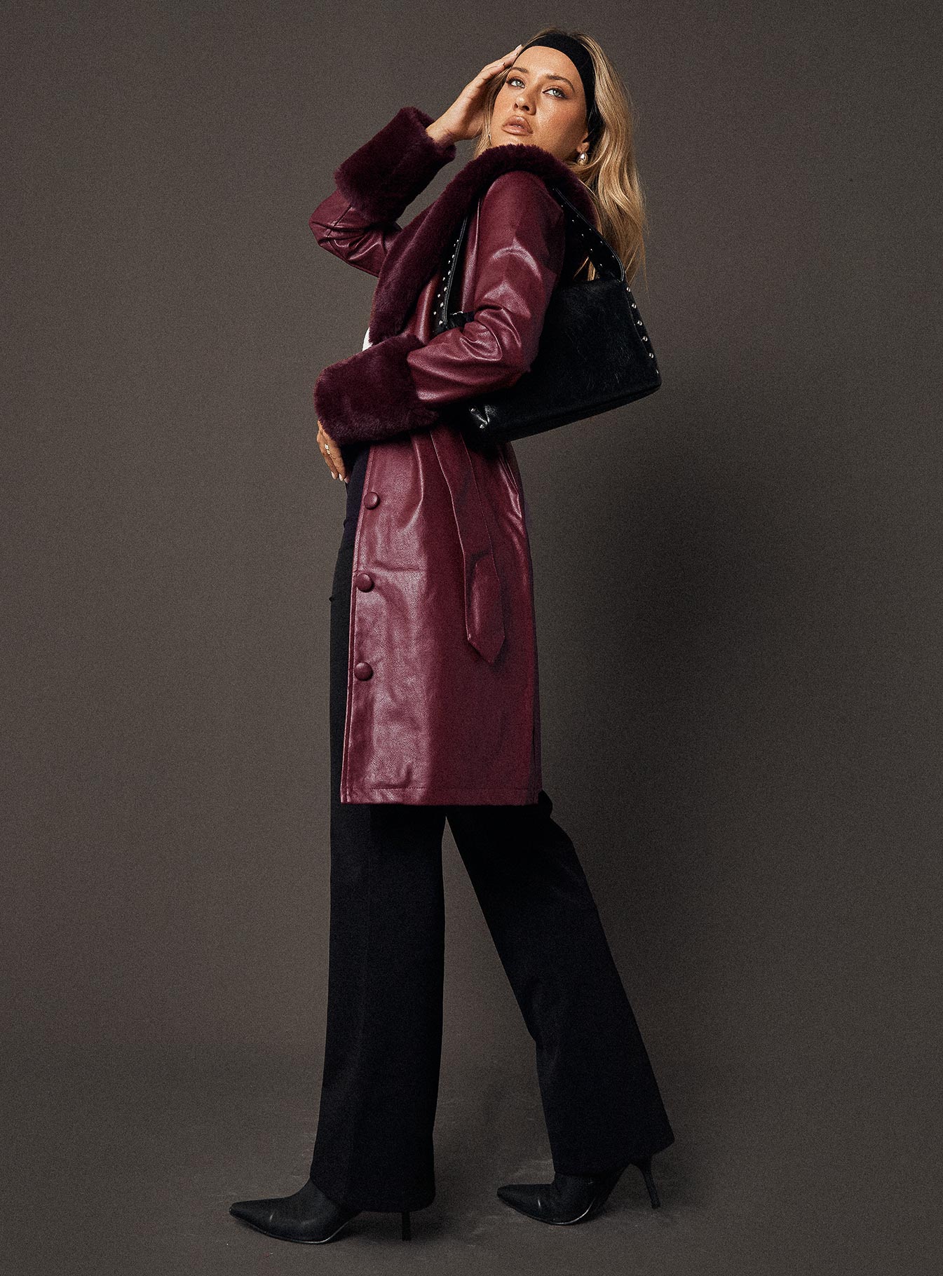Brooklyn Faux Leather Longline Coat Burgundy-Vipp Girl