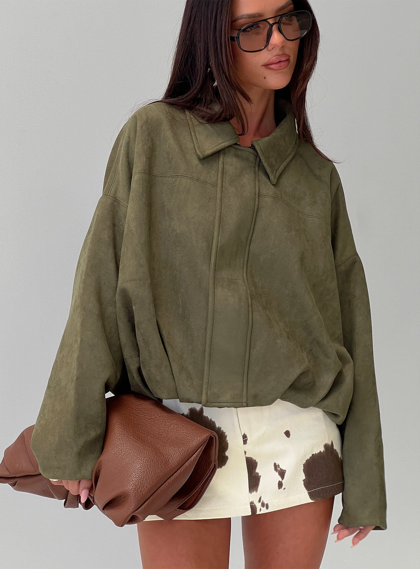 Enlightened Faux Suede Bomber Jacket Khaki-Vipp Girl