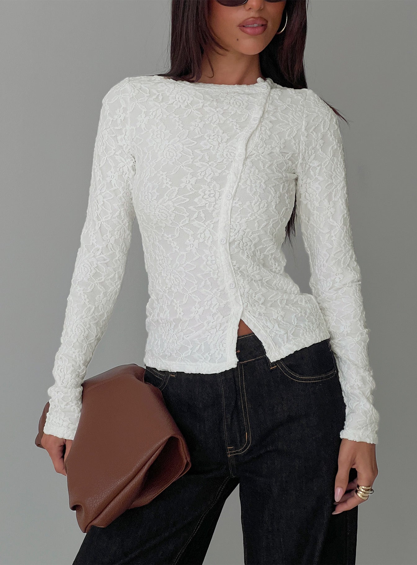 Passoni Long Sleeve Lace Top White-Vipp Girl