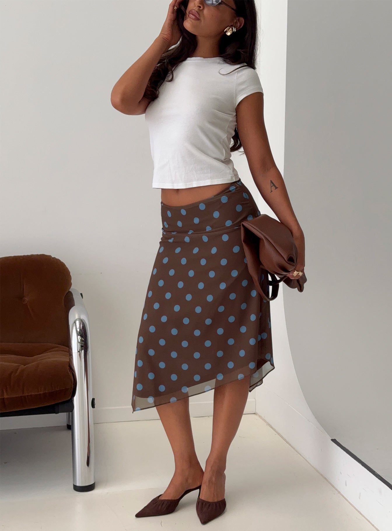 Daphene Asymmetrical Midi Skirt Brown / Blue Polka Dot-Vipp Girl