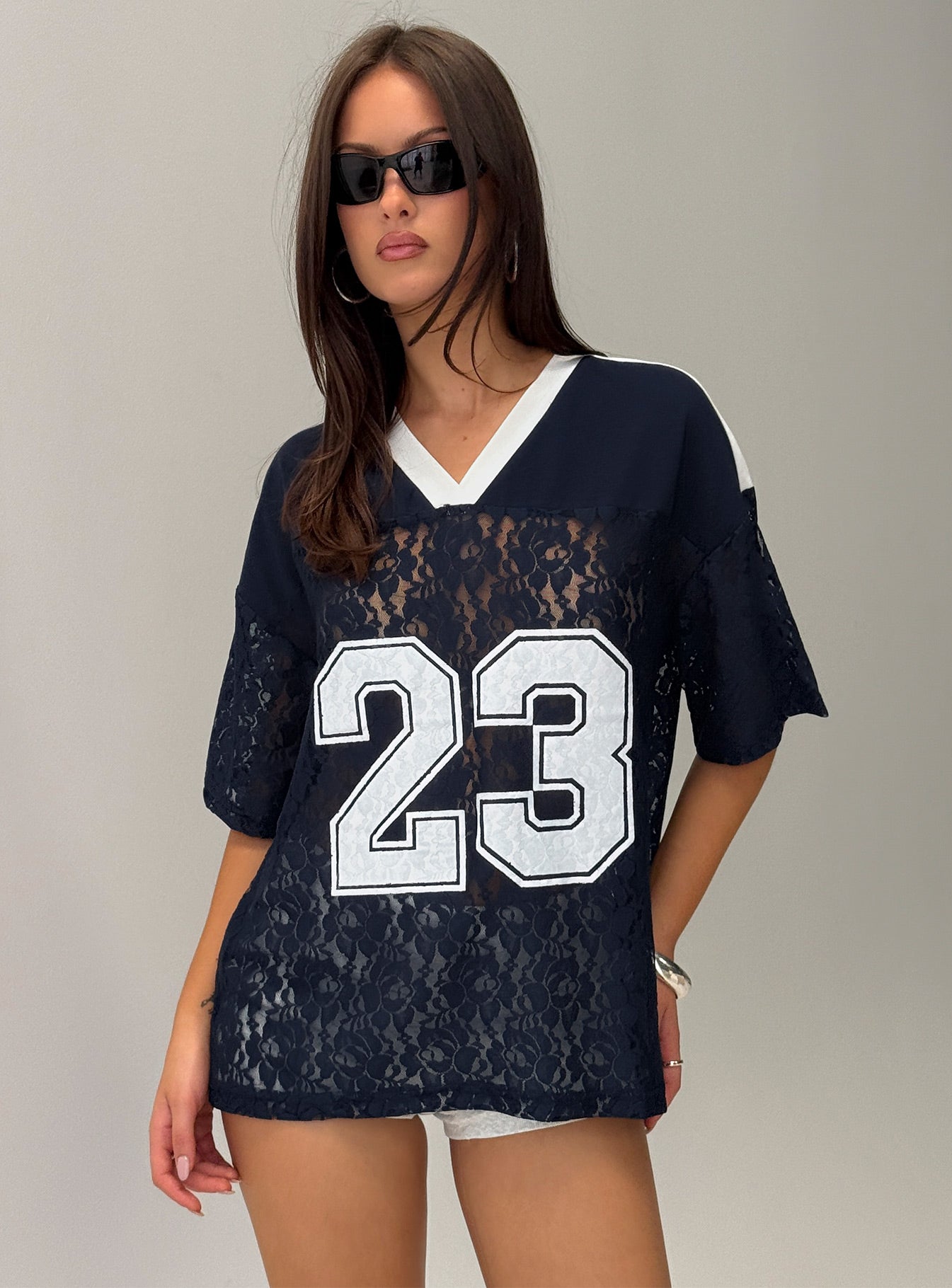Lucky 23 Lace Jersey Graphic Top Navy-Vipp Girl