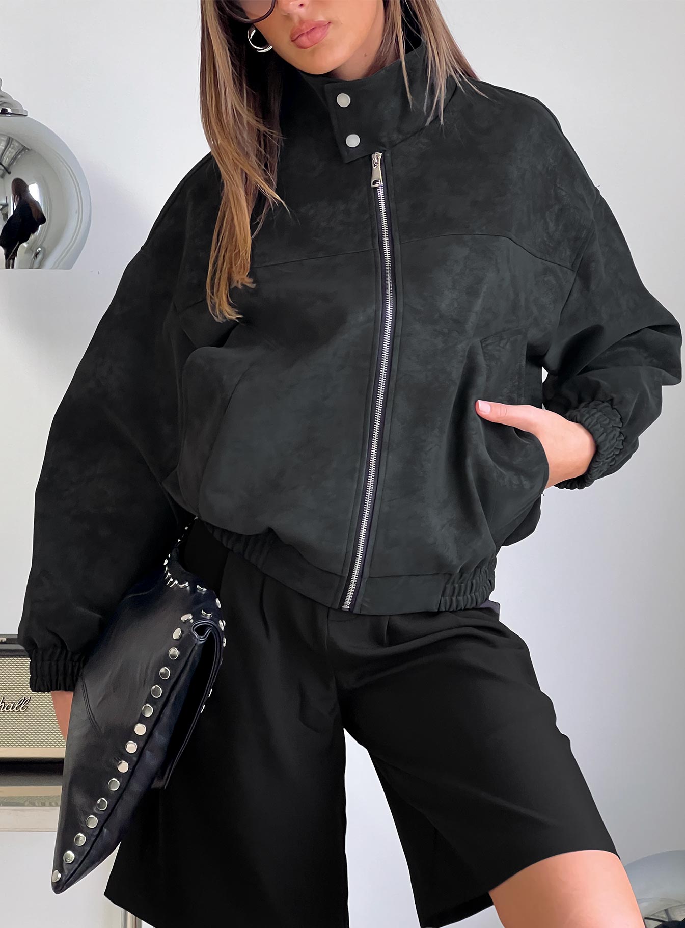 Ellissa Faux Suede Bomber Jacket Black-Vipp Girl
