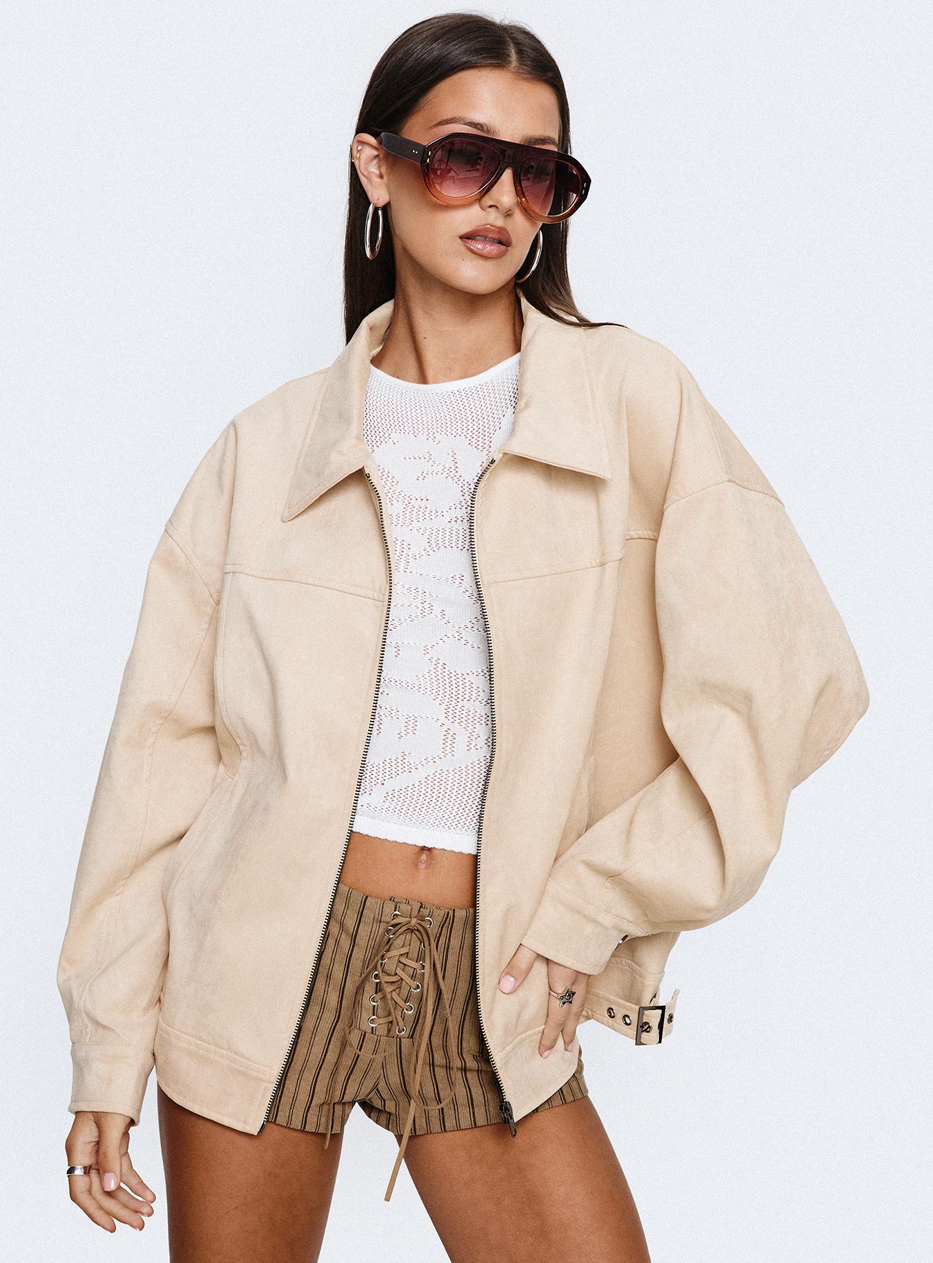 Goldsmith Faux Suede Bomber Jacket Beige-Vipp Girl