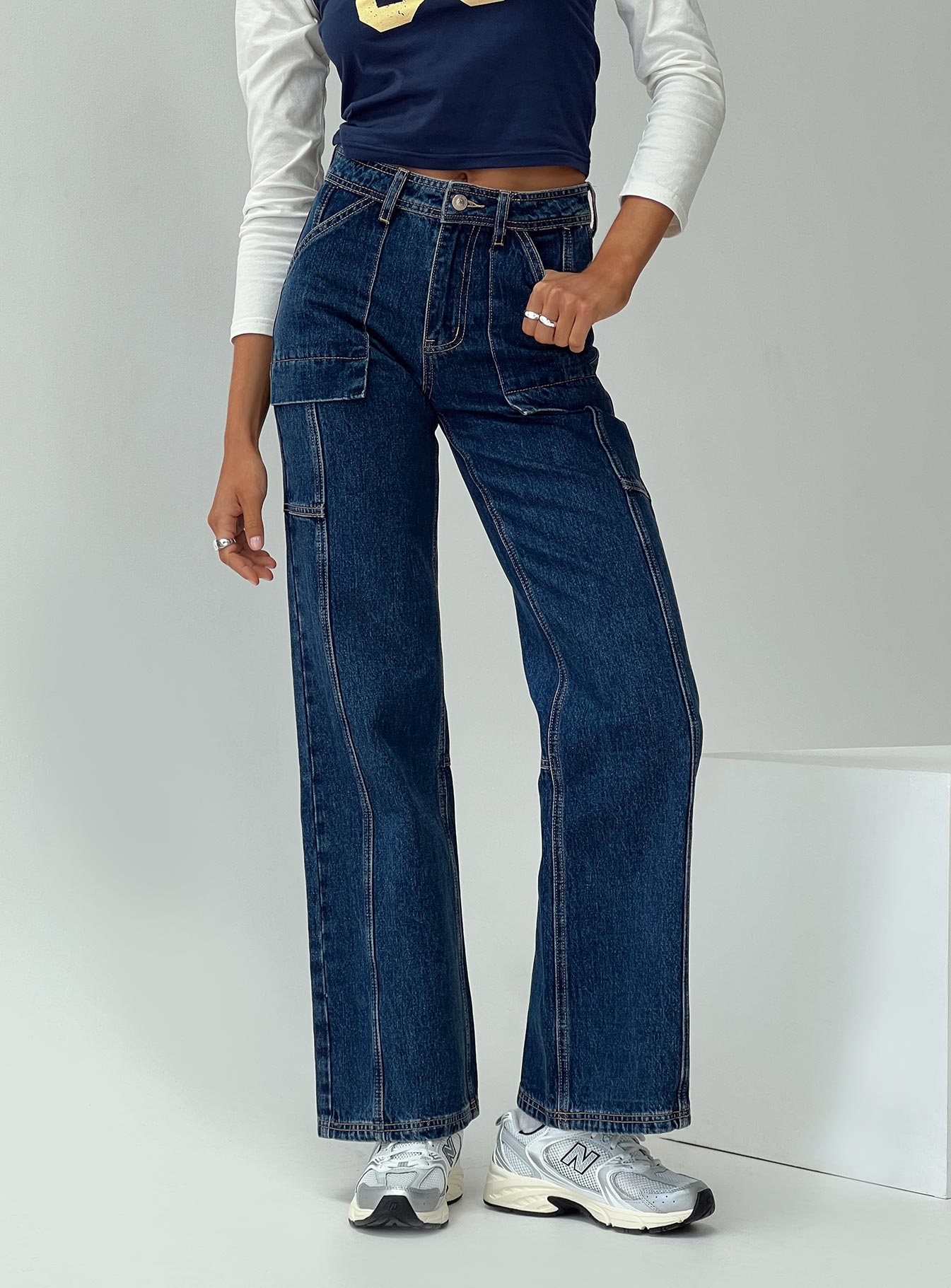 Chad High Rise Wide Leg Cargo Jeans Dark Wash Denim-Vipp Girl