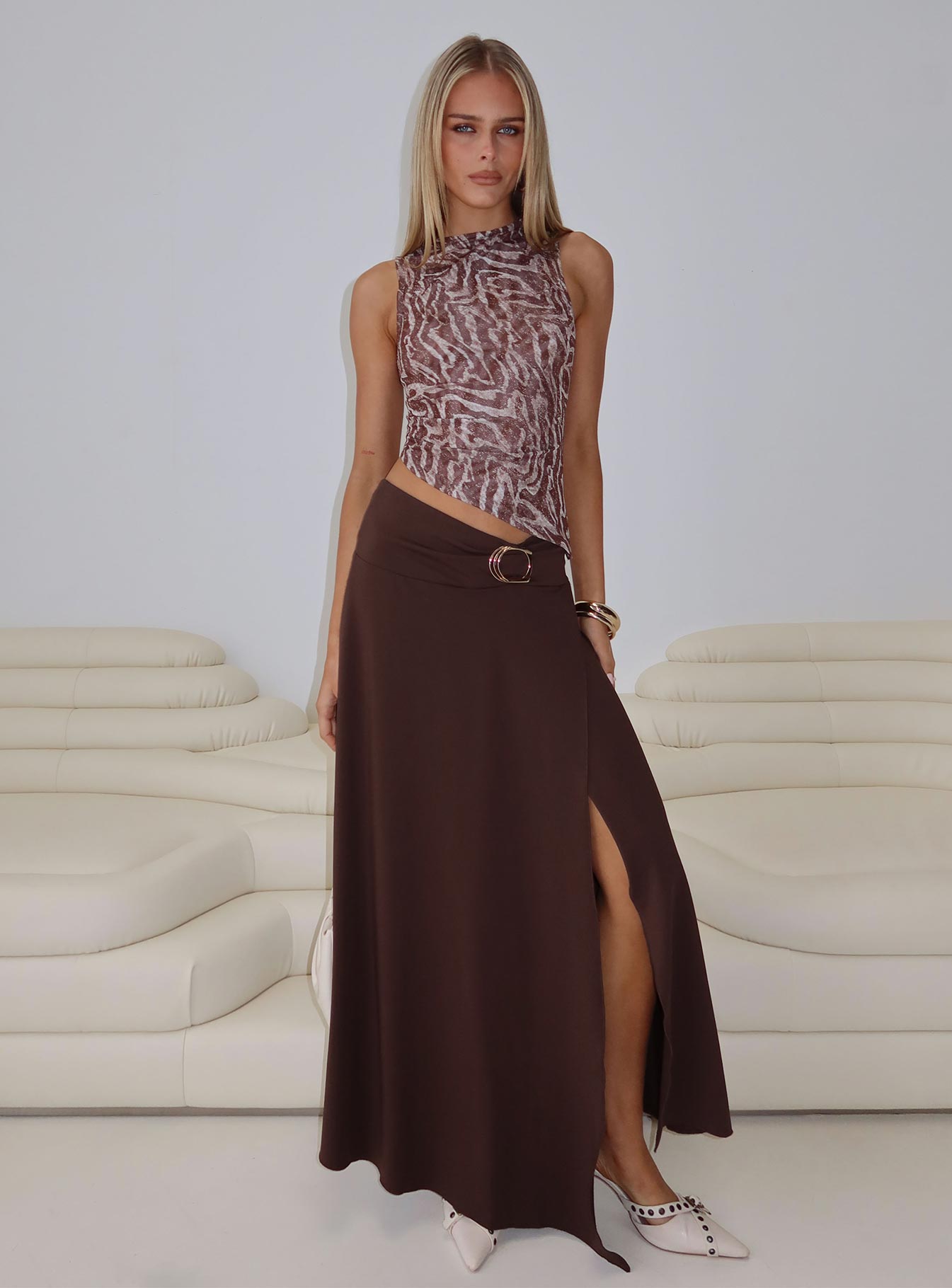 Nola Hardware Slit Maxi Skirt Brown-Vipp Girl