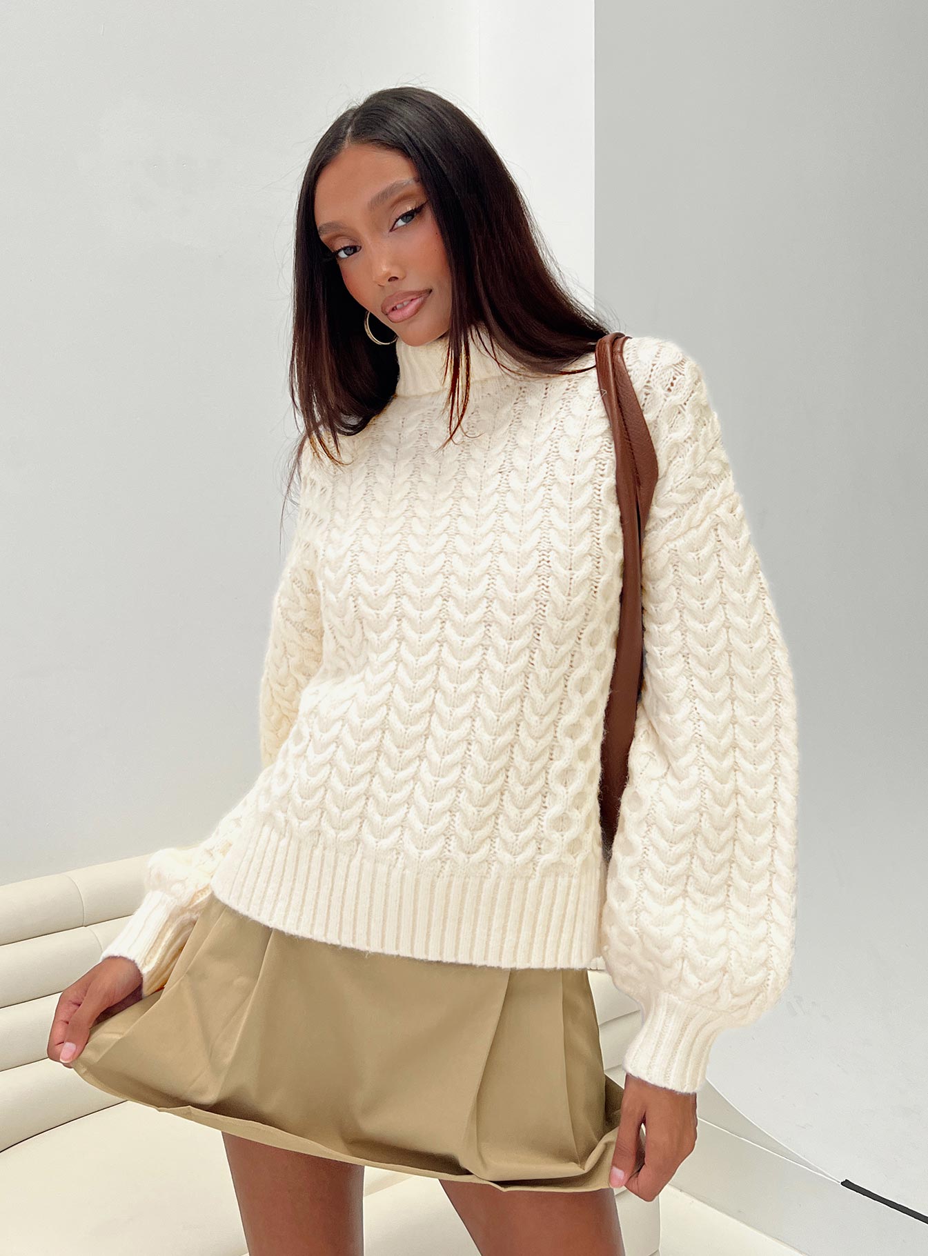 Judson Roll Neck Cable Knit Sweater Cream-Vipp Girl