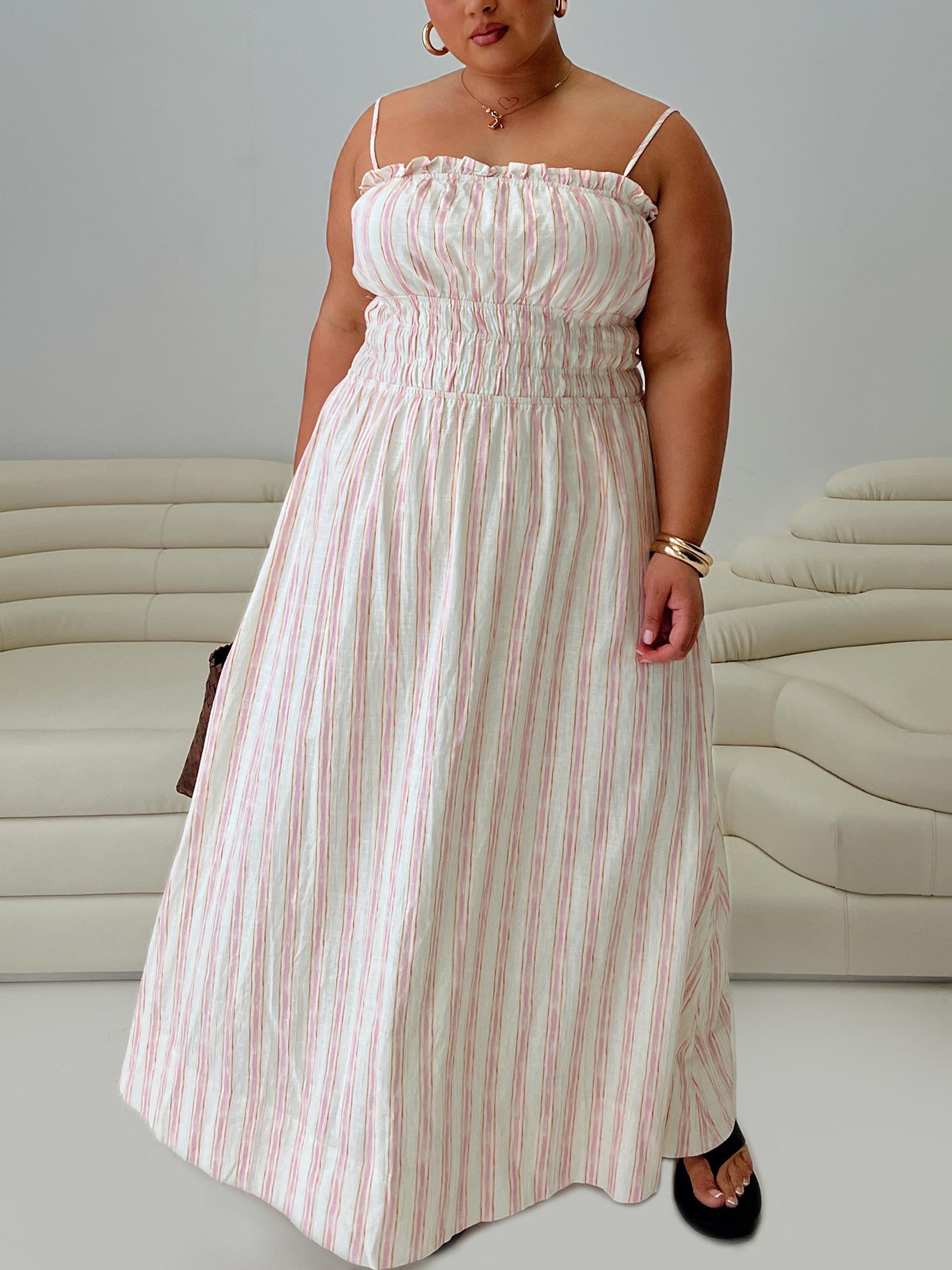 Persephone Shirring Linen Maxi Dress Pink Stripe Curve-Vipp Girl