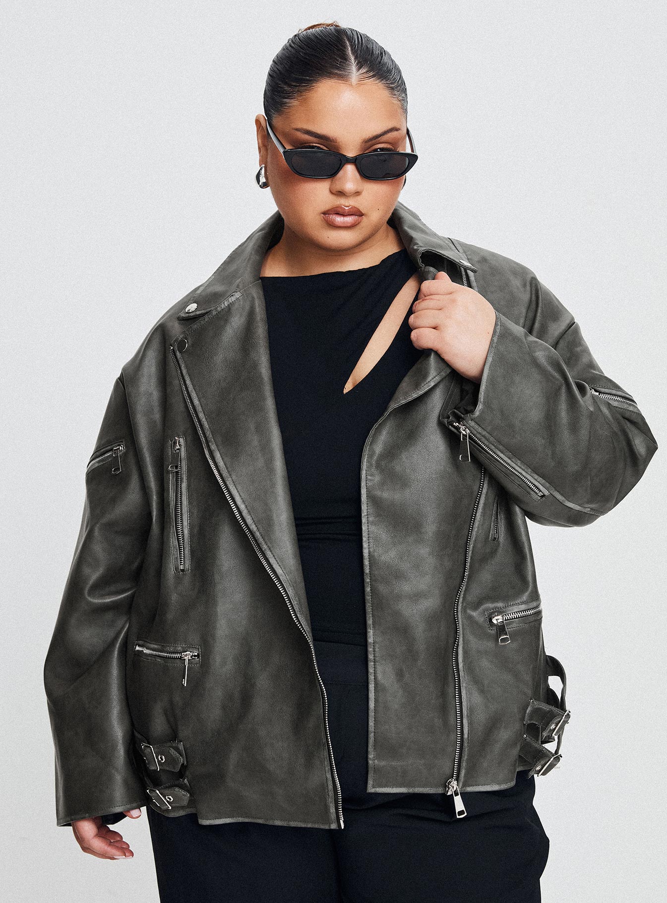 Magnets Faux Leather Jacket Washed Charcoal Curve-Vipp Girl