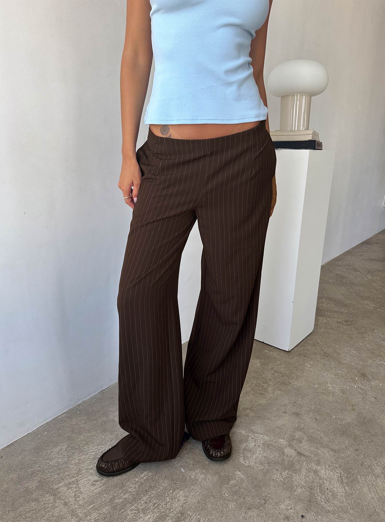 Khane Low Rise Wide Leg Pant Brown Pinstripe-Vipp Girl