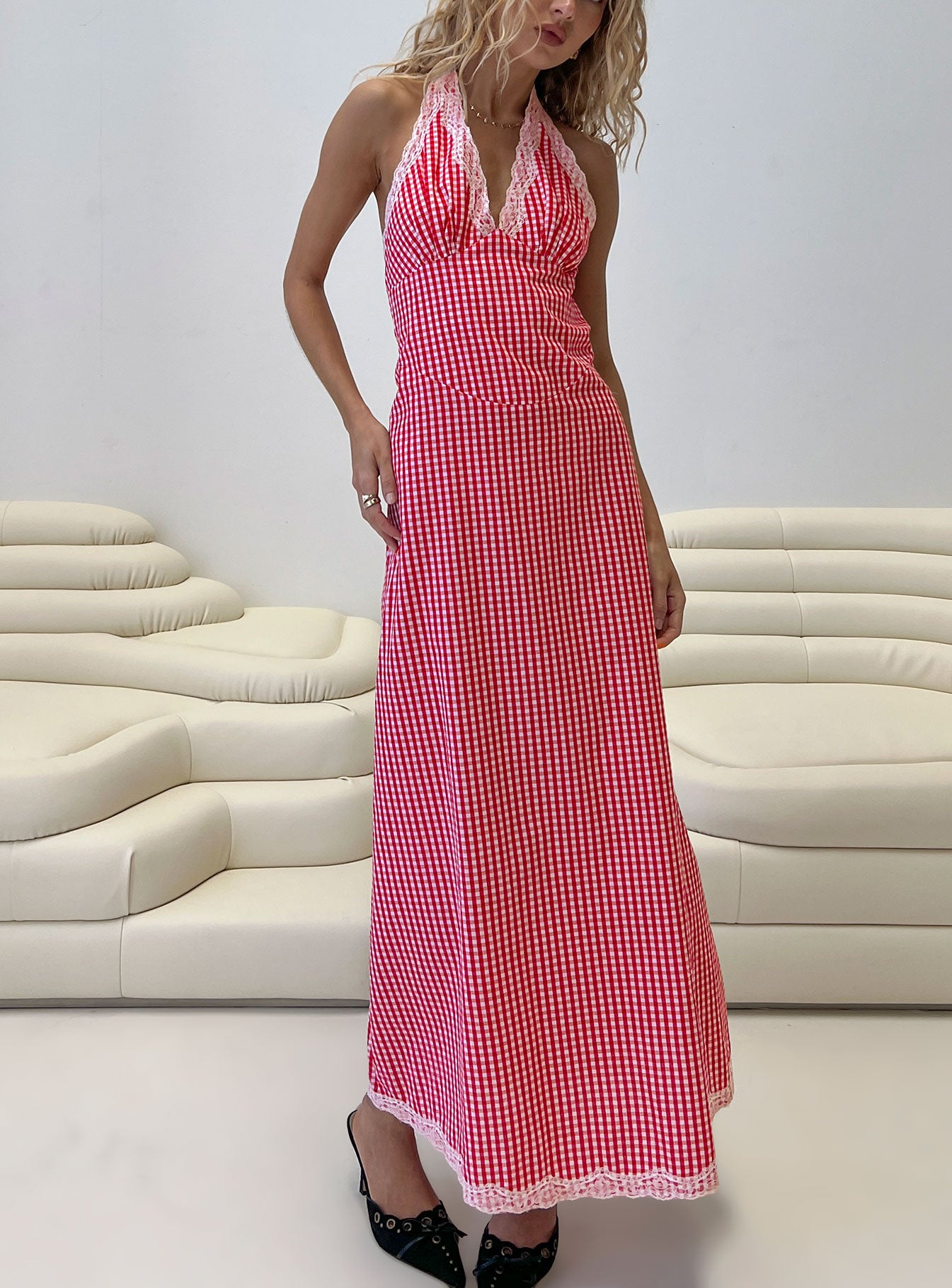 Betsie Halter Lace Maxi Dress Red Gingham-Vipp Girl