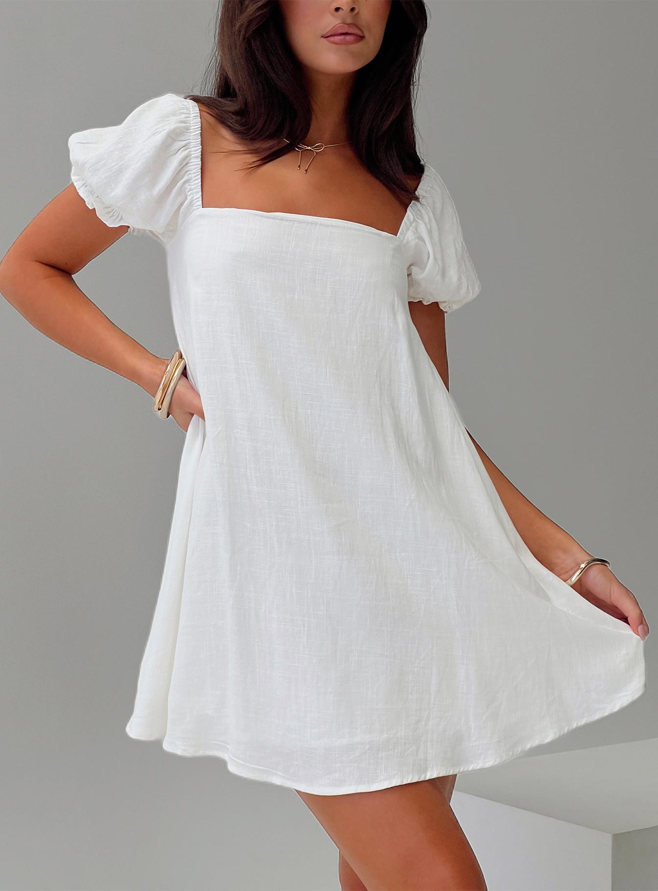 Beyond Linen Blend Mini Dress White-Vipp Girl