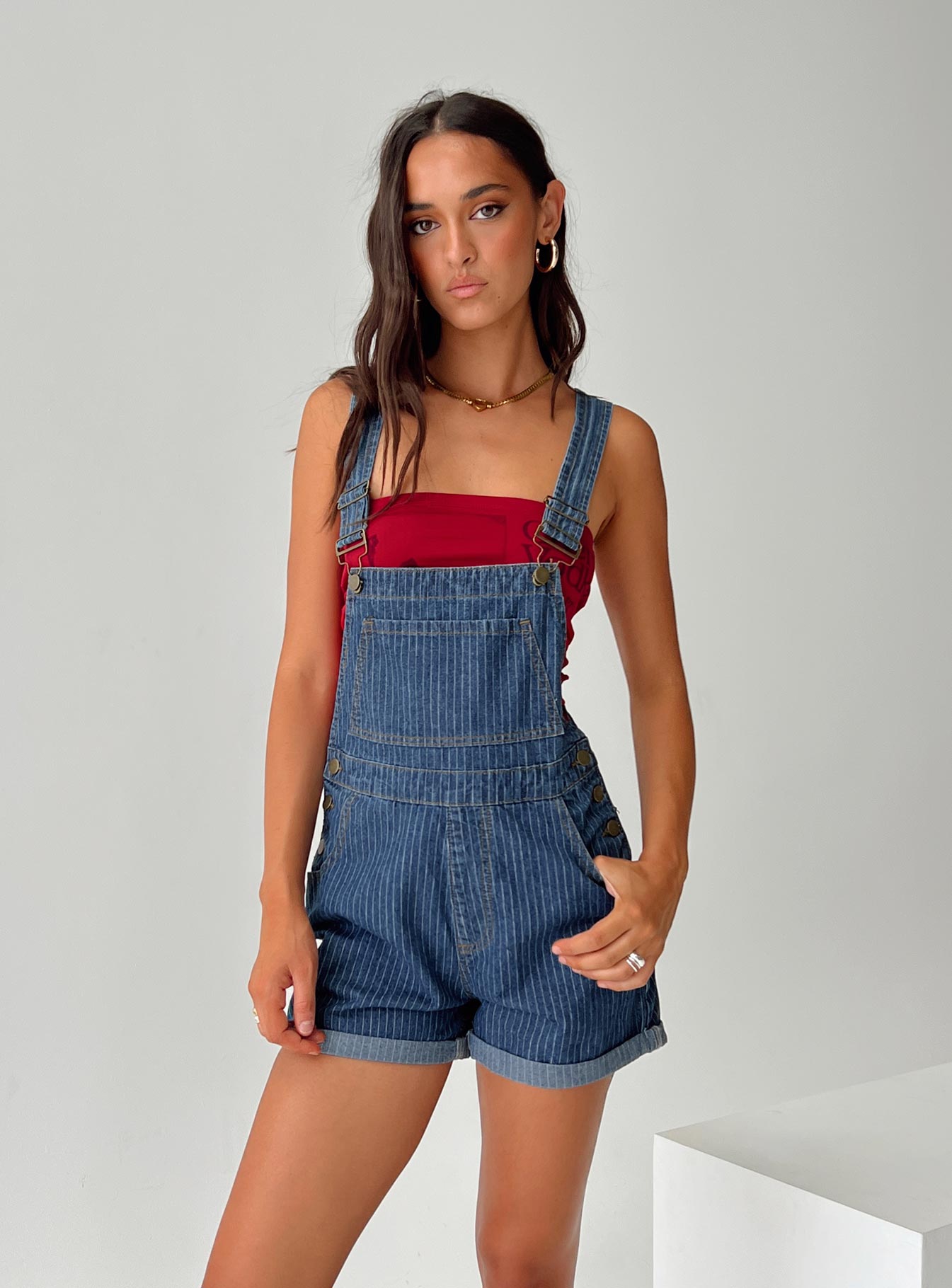 Kacey Short Overalls Mid Blue Pinstripe-Vipp Girl
